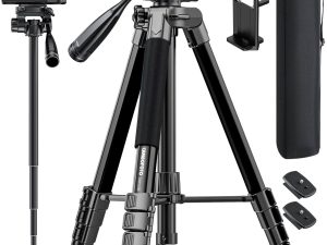 73″ Camera Tripod and Monopod, Professional Aluminum Tripod Stand for Mirrorless Camera/DSLR/Cell Phone/Camcorder/GoPro, with Phone Holder and Travel Bag (Black)